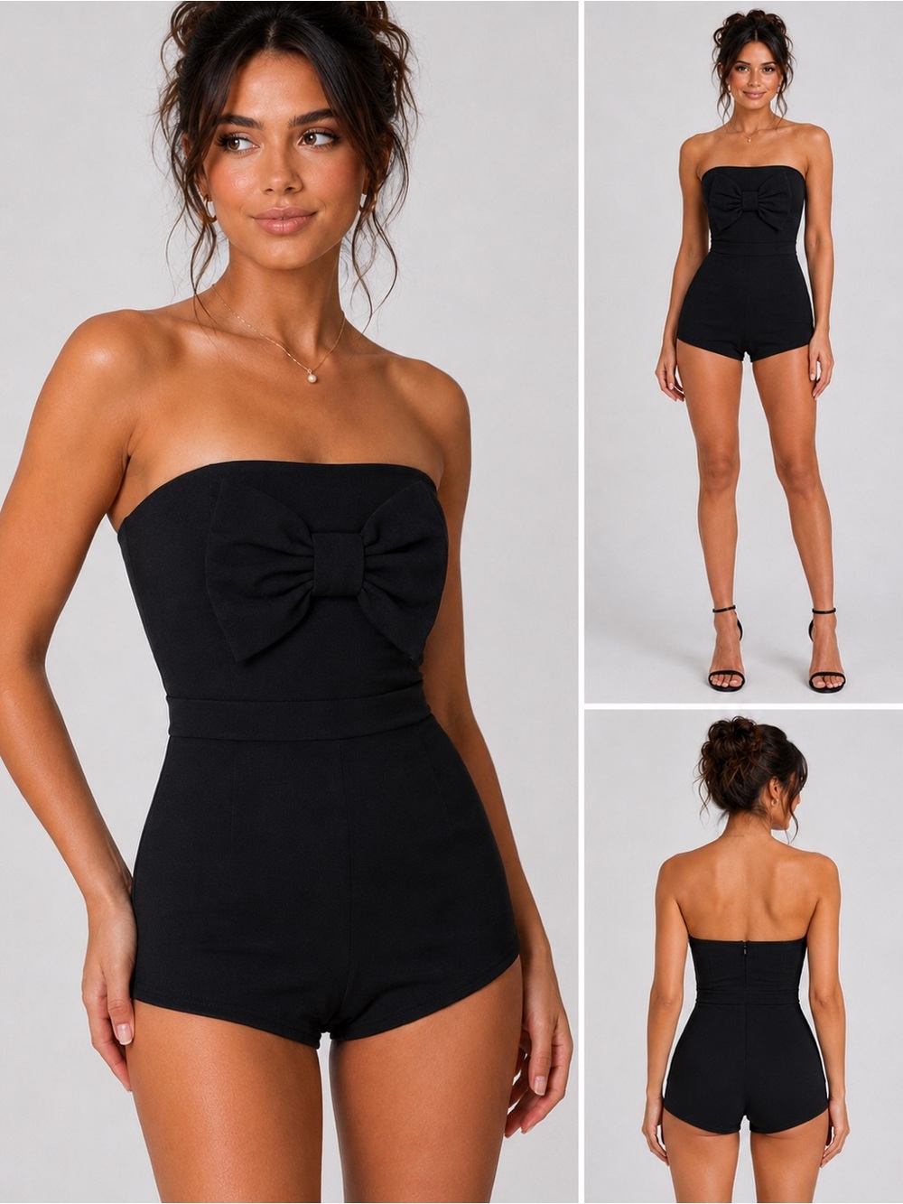 ASOS Black Strapless Bow Front Romper bodycon shortie shorts Size US 6